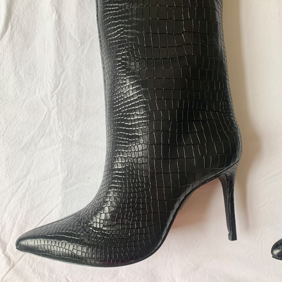 Schutz Maryana High Heel Leather Crocodile-Embossed Boot Black 7.5 - Picture 11 of 16